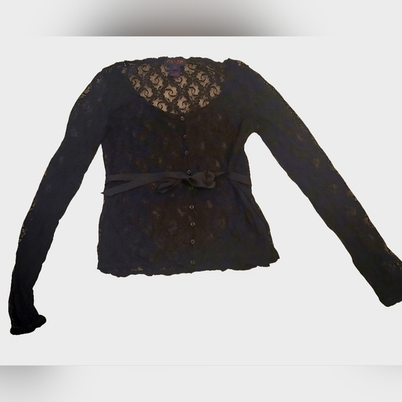 Ralph Lauren Tops - Vintage Y2K Ralph Lauren Black Lace Long Sleeve Shirt With Satin Belt Sz Medium
